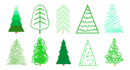 Colorful christmas trees on white. Set for icons on isolated background. Geometric art. Objects for polygraphy, posters, t-shirts and textiles