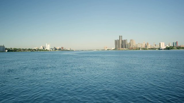 Detroit River City In Distance Static Framed Mid