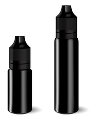 Vape E liquid dropper bottle set in black color. Realistic essential oil jar. Mock up container. Cosmetic vial, flask, flacon isolated on white background. Medical bank.