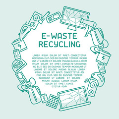 E-waste ready template with old appliances and inscription. Line style vector illustration. There is place for your text