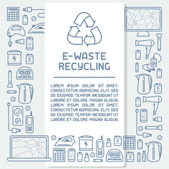 E-waste recycling ready poster concept with old appliances and inscription. Line style vector illustration. There is place for your text