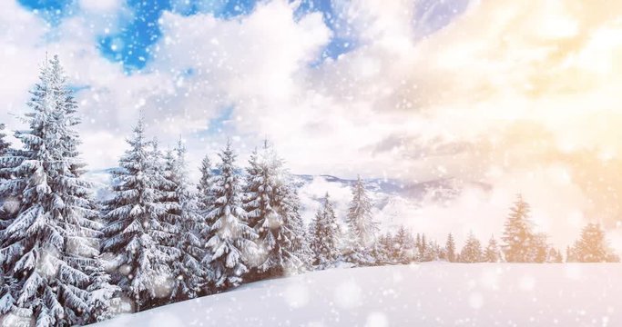 Falling snow animation winter mountain landscape
