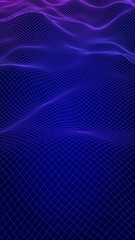 Abstract landscape on a blue background. Cyberspace grid. Hi-tech network, technology. Vertical image orientation. 3D illustration