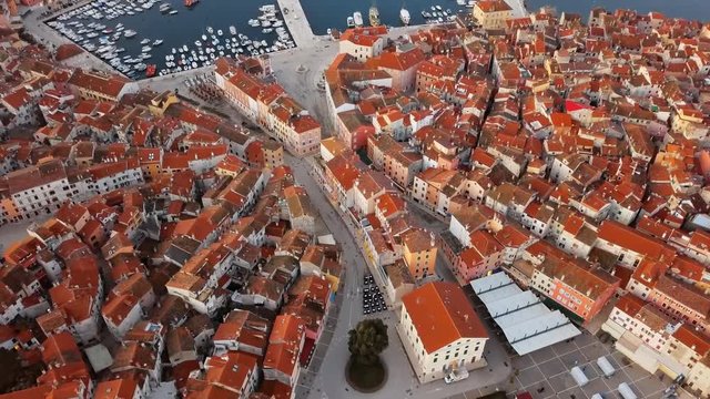 Flight over old town Rovinj, Istria, Croatia.