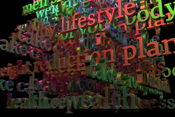Decorative, illustrations CGI typography with dark background, health related keywords cloud, for...