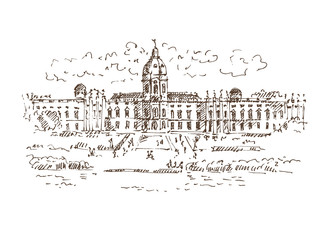 Hand drawn Charlottenburg palace and garden in Berlin, Germany. Berlin landmark. Vector illustration. Sketch. Vector.