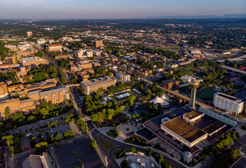 Aerial view of Knoxville with sun sphere and university of Tennessee