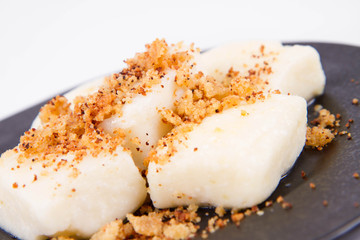Dumplings with cottage cheese (traditional polish dish called lazy pierogi/ leniwe pierogi) fried with bread crumbs