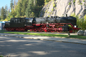 Naklejka premium Triberg,Germany-October 12, 2018: A Steam Locomotive reserved at Triberg Railway station of the Black Forest Railway in the morning 