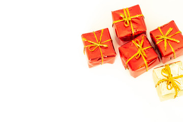 packages with presents on a white background with empty space for wishes or dedications.