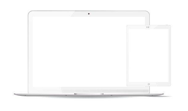 White laptop and tablet pc mockup set. Mobile devices vector illustration. Notebook and phablet isolated on white background.