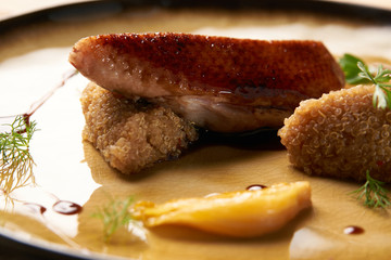 Duck fillet, Quinoa and sweet chili sauce with orange fennel