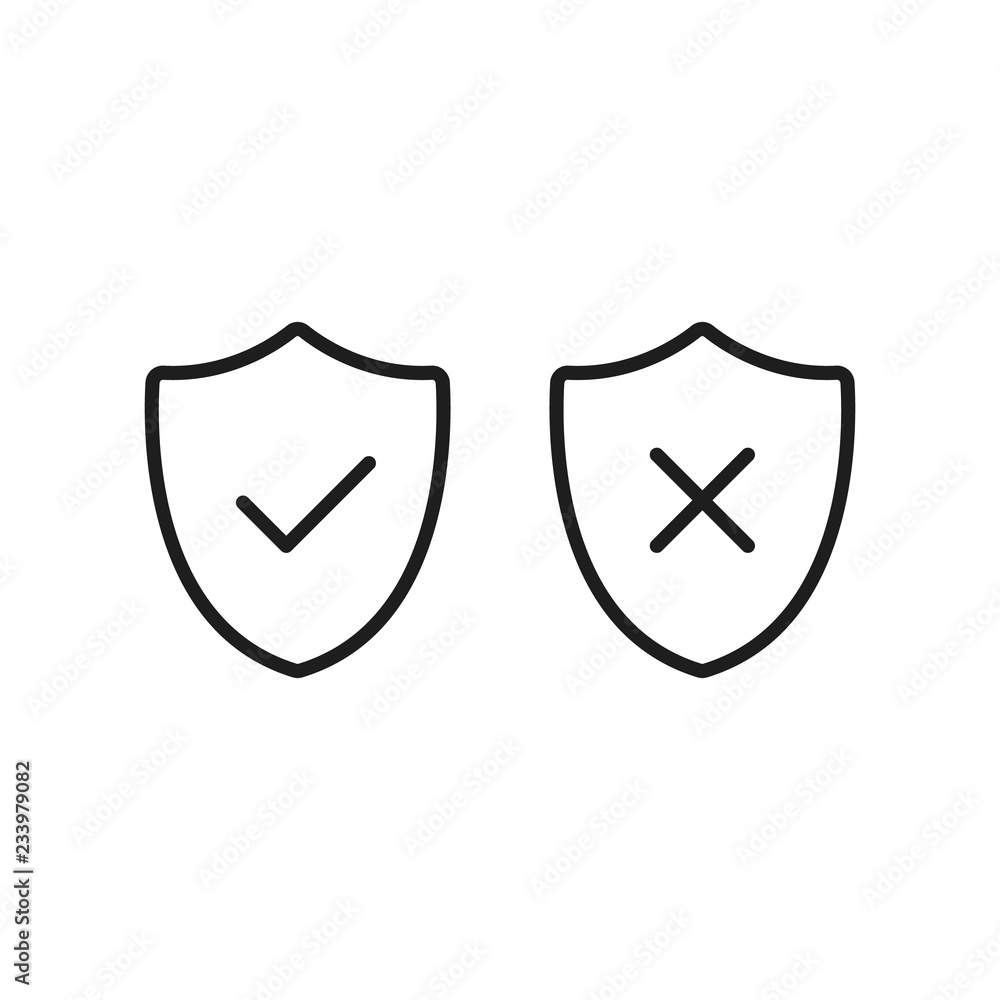Poster shields and checkmarks line icons set. security, safety, reliability concepts. shields with check ma