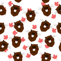 Seamless pattern with the image of the head of a beaver on the background of maple leaves