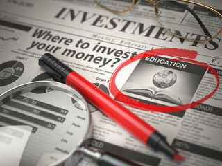 Education is a best option to invest. Where to Invest concept, Investmets newspaper with loupe and marker.