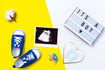 flatlay pregnancy composition with space for text. top view of children's accessories: toys, pacifier, baby screen, baby projector lamp "it's a boy", a cotton flower and delicious gingerbread