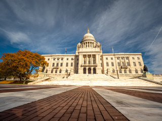 Wide Angle View of the Providence  State House With Large Tree on the Left Side