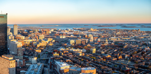 Wide Angle View of Downtown Boston At Sunset