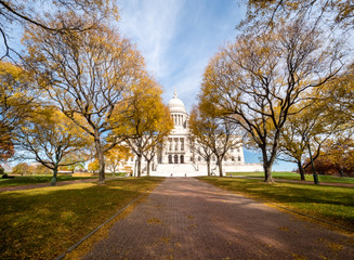 Path Leading to the Rhode Island State House Building With Large Tress in Full Fall Season Colors