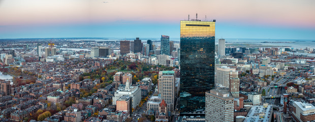Fototapeta na wymiar Panoramic View of Downtown Boston with Fall Season Colors on Trees on Boston Common Park
