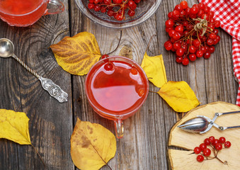 Transparent cup with hot tea from viburnum berries
