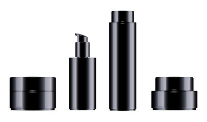 Glossy black cosmetic bottle for facial toner, hair shampoo or shower gel and cream jar set. Vector design template. Cosmetics packaging mockup. Realistic 3d illustration.