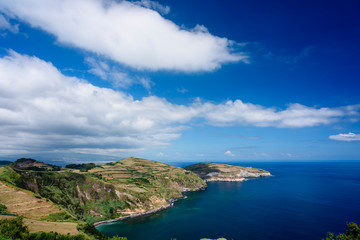 Fototapeta premium cliff and ocean in azores, view of the coast in soa miguel island during summer, azores, portugal