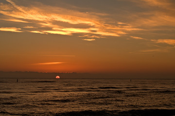 sunset at the sea,sky, water, beach, sunrise, clouds, horizon, orange, beautiful, nature,waves, golden