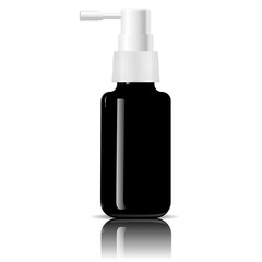 Black glass moisturized spray cosmetic bottle mock up. Vector illustration. Blank template for your design. Dispenser spray inhalator lid container. Isolated medical product.