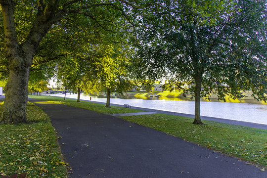 Trees lined up alongside footpath on the side of Victoria Embankment in Nottingham