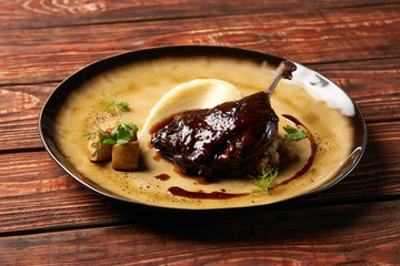 Fried Duck drumstick with Quinoa puree, celery, apple 