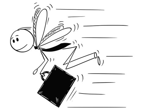 Cartoon stick drawing conceptual illustration of businessman depicted as insect, fly or mosquito, in hurry to do another business.