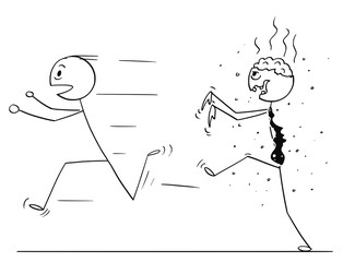 Cartoon stick drawing conceptual illustration of scared man running away from zombie businessman.