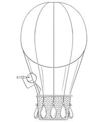 Cartoon stick drawing conceptual illustration of man or businessman in hot air balloon looking through spyglass.