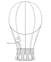 Cartoon stick drawing conceptual illustration of man or businessman in hot air balloon pointing his hand at something on his side, possibly sign or text.