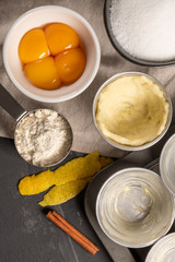 Ingredients for homemade baking portuguese egg tarts. Traditional portuguese dessert pastel de nata