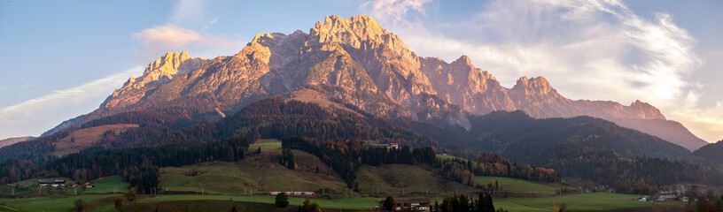Panorama image of mountain valley during sunrise in Austria