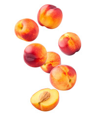 Falling Nectarine or peach isolated on white background, clipping path, full depth of field