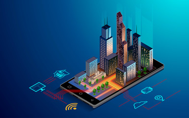 Smartphone with Smart city with smart services and icons, internet of things, networks and augmented reality concept , night city .