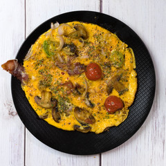 Fried eggs on a black plete