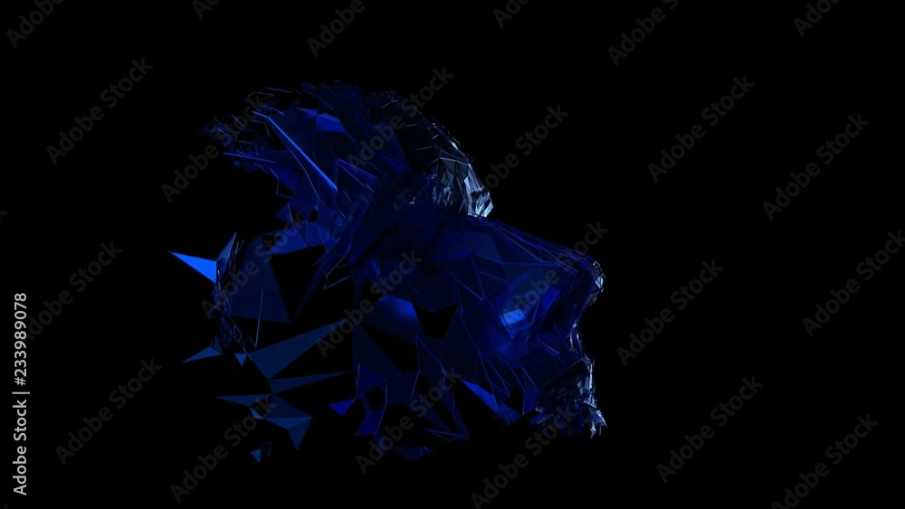 Poster animation of a reflected light on polygonal human face. 3d rendering of a cyborg head construction. 