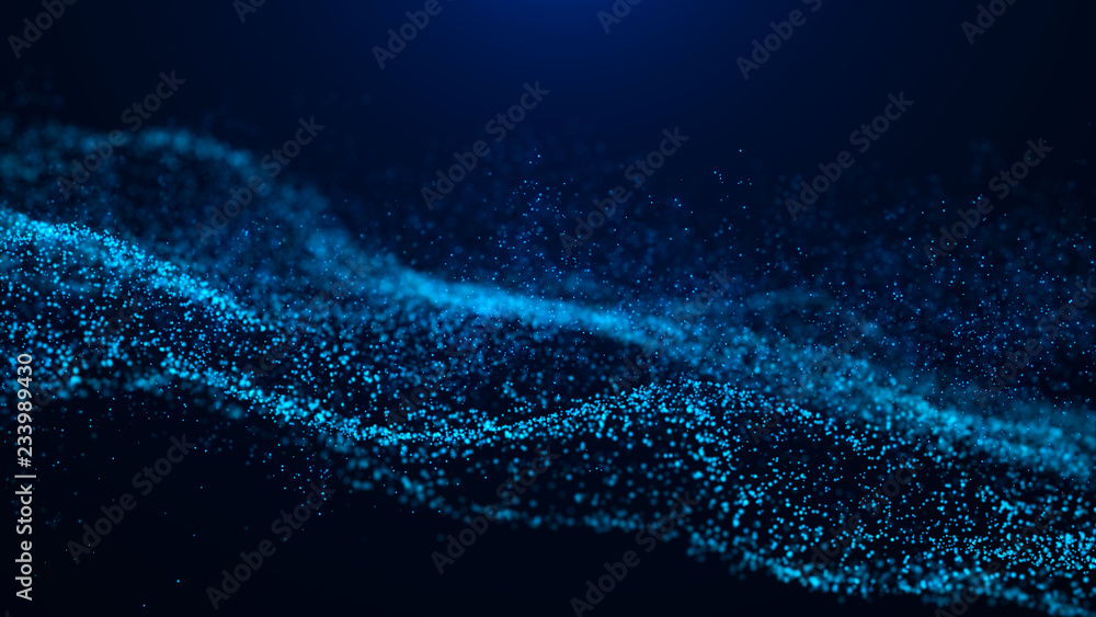Poster Wave of particles. Abstract particle. Data visualization. Abstract digital background. 4k rendering.