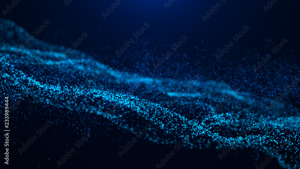 Poster Wave of particles. Abstract particle. Data visualization. Abstract digital background. 4k rendering.
