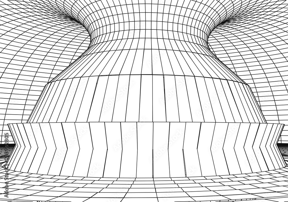 Poster tunnel or wormhole. digital 3d wireframe tunnel. 3d tunnel grid. network cyber technology. surrealis