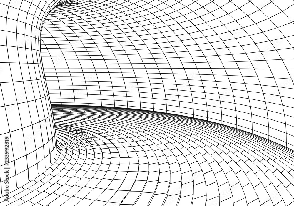 Poster tunnel or wormhole. digital 3d wireframe tunnel. 3d tunnel grid. network cyber technology. surrealis