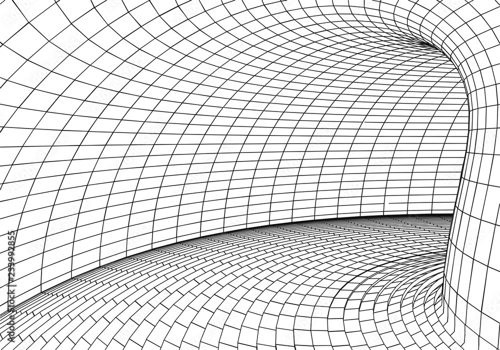 Poster tunnel or wormhole. digital 3d wireframe tunnel. 3d tunnel grid. network cyber technology. surrealis