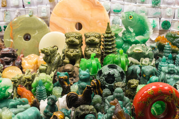 Close-up of Jade statues and souvenirs at the Jade Market, Hong Kong, Kowloon, Yau Ma Tei