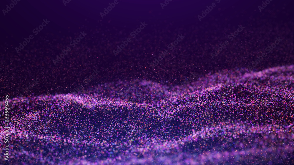 Poster wave glow. wave of particles. wave 3d. 3d rendering. futuristic dots background with a dynamic wave.