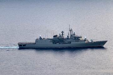 A Greek Navy vessel patroling the Aegean Sea in the time of migrant crisis, summer 2018