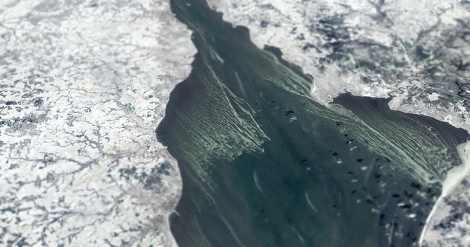 Very high-altitude circular tracking shot of Eastern Seaboard, US, with tilt-shift effect. Reversible, seamless loop. Elements of this image furnished by NASA. 